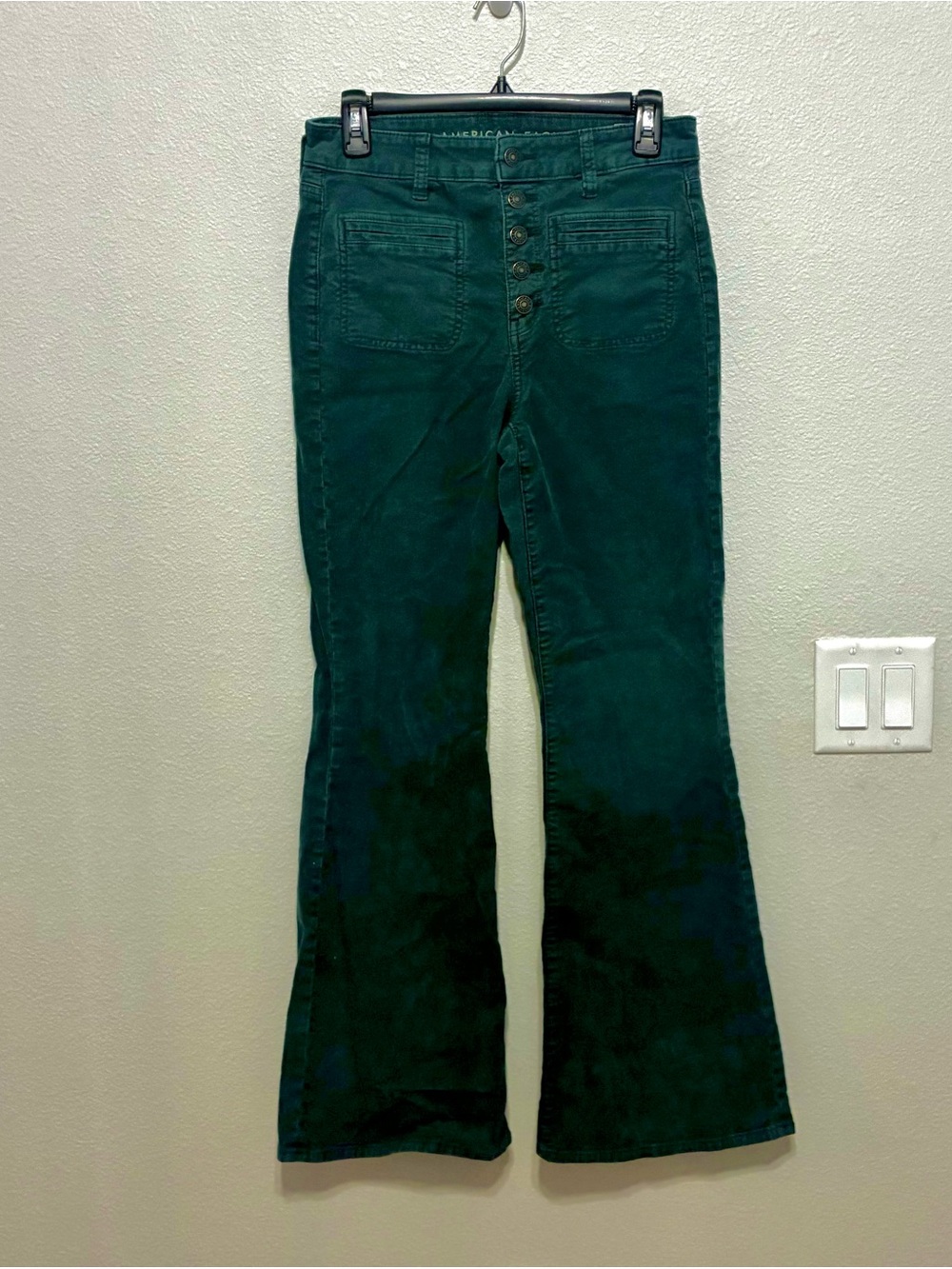 American Eagle Button-Fly Dark Green Corduroy Super Hi-Rise Flare Pants Size 6